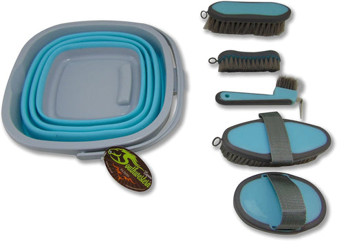 10 5 Collapsible Grooming Kit Liter Bucket and Grooming Tools - By Southwestern Equine - Turquoise