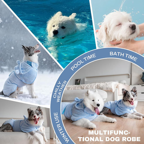 Arblina Dog Bathrobe Towel Wrap, Hooded Double Layer Super Absorbent Dog Drying Coat, Adjustable Warm Bath Robe