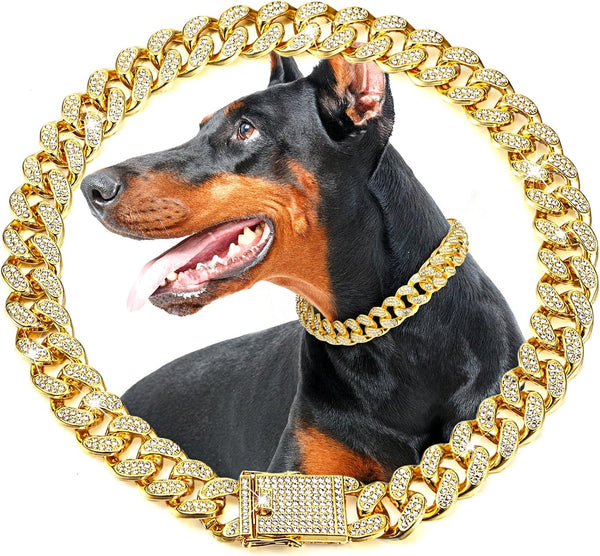 LEIFIDE Dog Chain Collar, Gold 20 mm Wide Diamond Collar for Medium Large Dogs, Metal Pet Crystal Jewelry