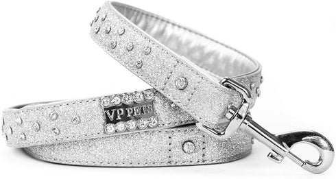 Signature Diamond Name Plate Leatherette Leash - XS/S Silver for Small Dogs