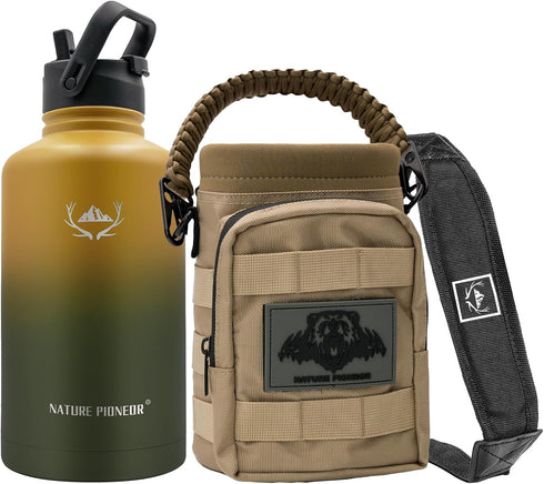 NATURE PIONEOR Tactical Water Bottle | Stainless Steel 18/8 Food Grade Half Gallon Jug with Carrying Molle Sleeve