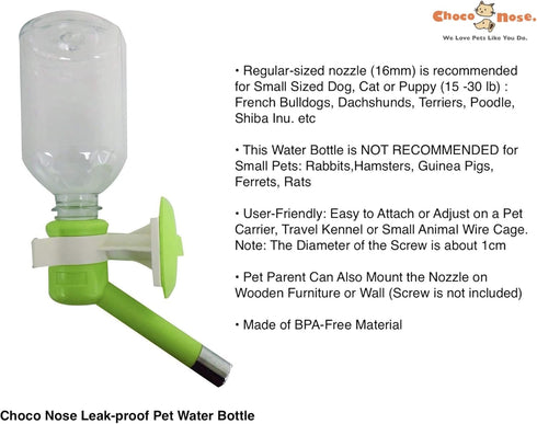 Choco Nose No-Drip Dog Water Bottle/Feeder - 11.2 oz, Apple Green (H590) for Small-Medium Animals