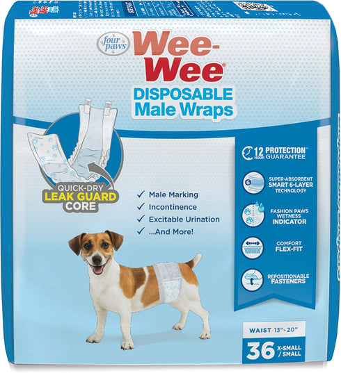 36 Count Four Paws Wee-Wee Super Absorbent Disposable Adjustable Dog Potty Training Male Wraps Diapers, Leak-Proof