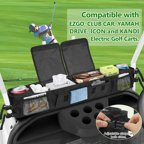 Golf Cart Front Storage Basket with Insulated Cup Holders, 1680D Oxford-Fabric, Universal No-Drilling Organizer