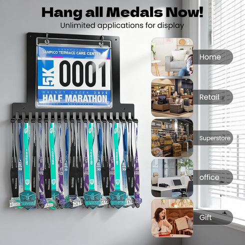 KAZLIE 50 40 Race bib and Medal Display Holds up to Medals, Race BibsMedal Hanger and Bib Marathon Medal Display Stand