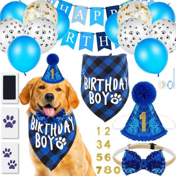 Sumind 18 Pcs Dog Birthday Party Supplies, Pet Birthday Bandana, Balloon Banner, Hat with 0-8 Figures, Touch Ink Pad,