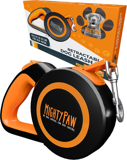 Mighty Paw Retractable Dog Leash with Auto-Locking Button, Stainless Steel Coil & Reflective Ring for Safety