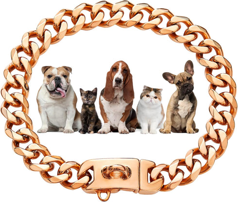 Rose Gold Chain Dog Collar, 19mm 18K Gold Cuban Link with Secure Snap Buckle for Large Pitbull (26")