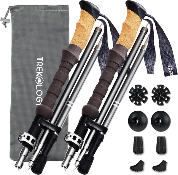 TREKOLOGY 2pc Collapsible Nordic Trekking Poles - Ultralight Folding Hiking Sticks with Cork Handle