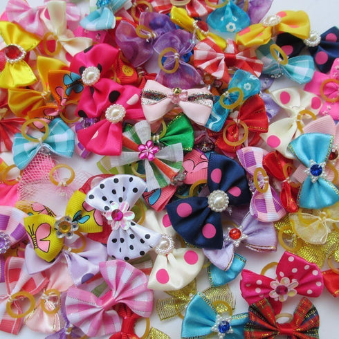 Chenkou Craft 100pcs Random Puppy Yorkie Dog Hair Bow with Rubber Band, Rhinestone Pet Grooming Accessories, Mix Colors