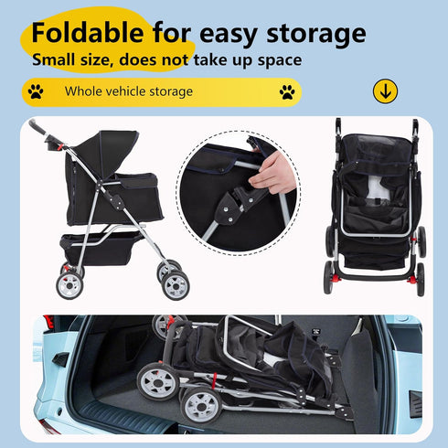 4-Wheel FDW Pet Stroller Dog Cat Stroller Travel Folding Carrier Puppy Stroller with Cup Holder and Removable Liner