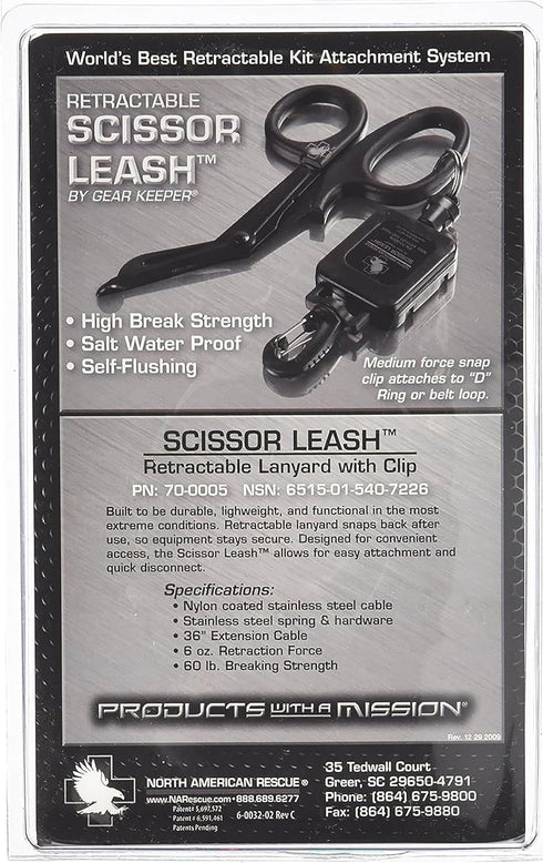 (70-0005) North American Rescue Retractable Scissor Leash with Clip (Black) NAR Lightweight Lanyard Leash for Medical
