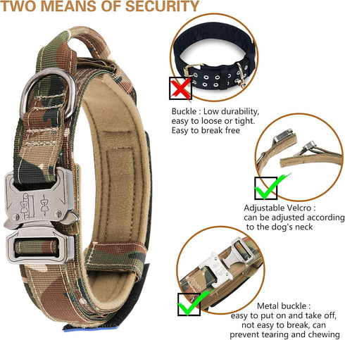 KCUCOP Military Tactical Dog Collar with 2 Patches, 1.5" Width, Adjustable Heavy Duty Metal Buckle for M, L, XL Dogs