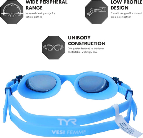 TYR Vesi Femme Goggles, Smoke/Blue, One Size