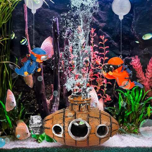 3 Pcs Floating Fish Tank Decorations, Aquarium Air Pump Decorations with Hanging Diver and Retro Submarine Wreck