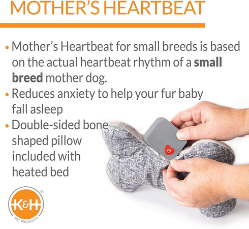 K&H Pet Products Mother's Heartbeat Heated Dog Bed with Bone Pillow, Heartbeat Puppy Toy, Gray 11 X 13 Inches