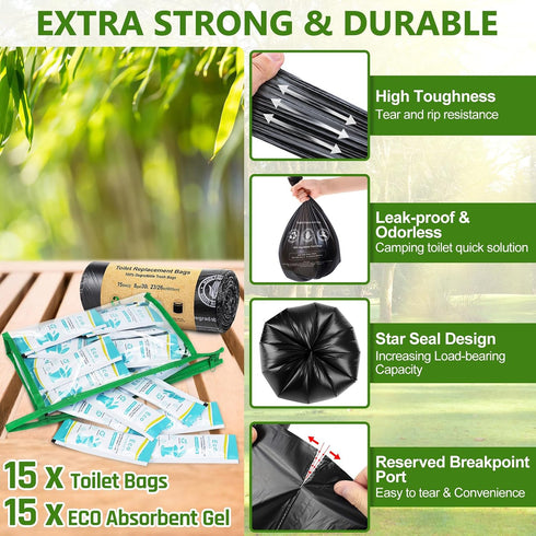 15 Count Set, 8 30 1 BLIKA Camping Toilet Bags Eco Absorbent Gel Portable Toilet Bags with Gel, Gallon, Liter, Heavy