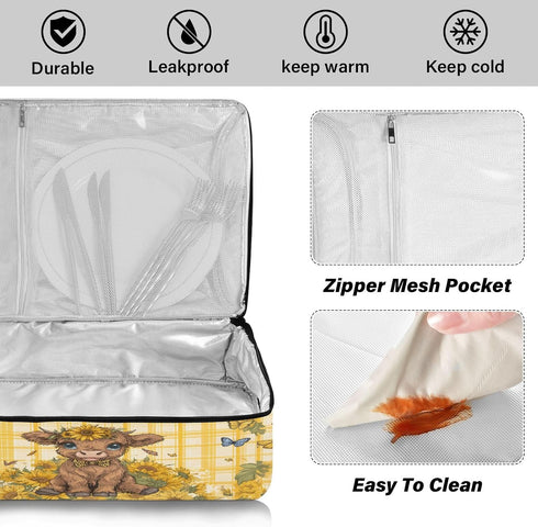 ALAZA Insulated Casserole Carrier for Hot or Cold Food, A Lovely Highland Cow Baby is Sitting Among Sunflowers with A