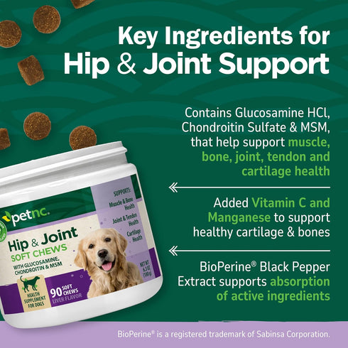 (90 Petnc Hip & Joint Health Supplement for Dogs Chews), Glucosamine Chondroitin MSM Dog Chews with Hyaluronic Acid