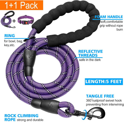 Heavy Duty Dog Leash, 5 ft Long - Comfortable Padded Handle, for Small Medium Large Dogs (Leash+Collar M Neck 16"-20",