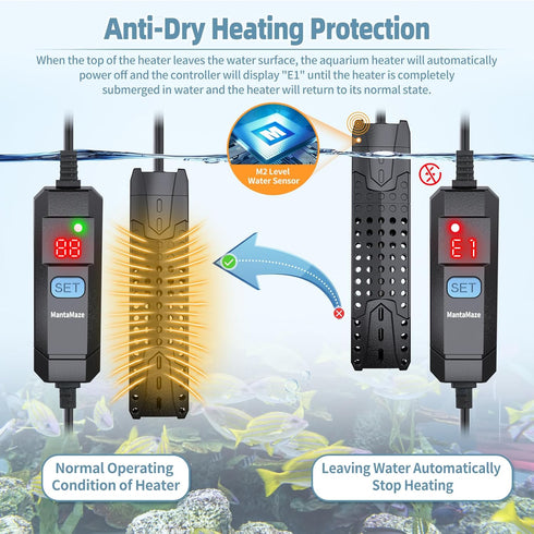 Submersible Aquarium Heater - 25W/50W/75W for 1-40 Gallon Fish Tank with Intelligent Auto Stop Heating & Overheating