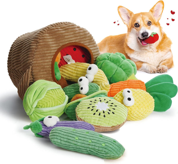 Nocciola Squeaky Fruits Veggies Stuffed Dog Toys Pack- Hide Seek Grocery Basket