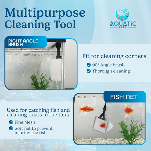 Aquarium Cleaning Tools 7 in 1, Fish Tank Cleaning Kit with Algae Scraper, Long Handle, Fish Net