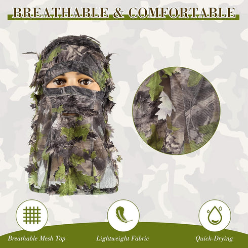 Sintege 3 Pieces Hunting Face Mask, Camouflage Leafy Hat Ghillie Covering for Turkey Hunting Gear
