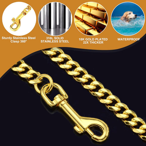 Gold Dog Chain Leash; 3FT 18K Gold Stainless Steel 10mm Cuban Link with Comfortable Leather Handle for Dogs (G)