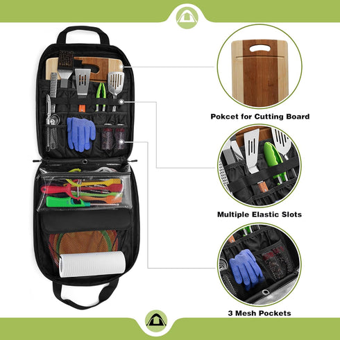 Hanging Camp Utensil Organizer with Towel Paper Holder, Portable Camping Kitchen Cookware Bag for Outdoor Cooking