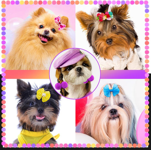 100pcs Dog Hair Bows, Bulk Cute Puppy Pet Small Dog Hair Bows with Rubber Bands, Mix Handmade Flower Puff Ball Rhinestone Pearls Dog Bows, Yorkie Dog Bows for Dog Hair Grooming Accessories