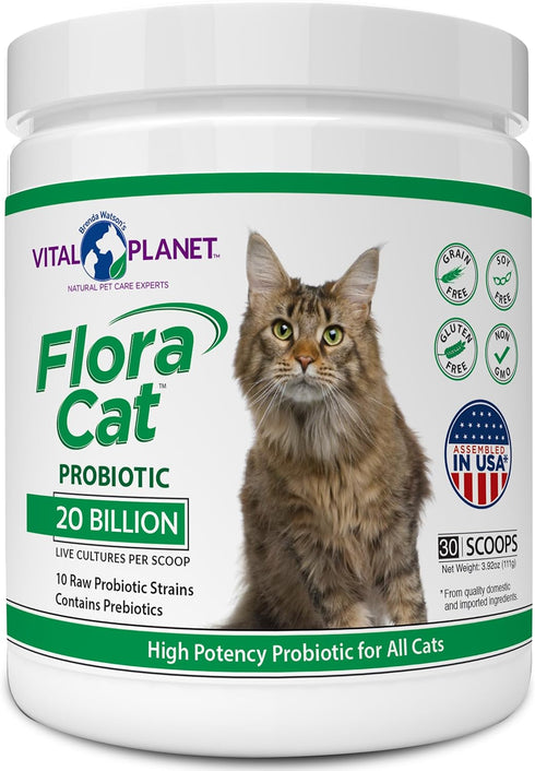 Vital Planet Flora Cat Probiotic Powder Supplement, 20 Billion Cultures, 30 Scoops, 3.92 oz