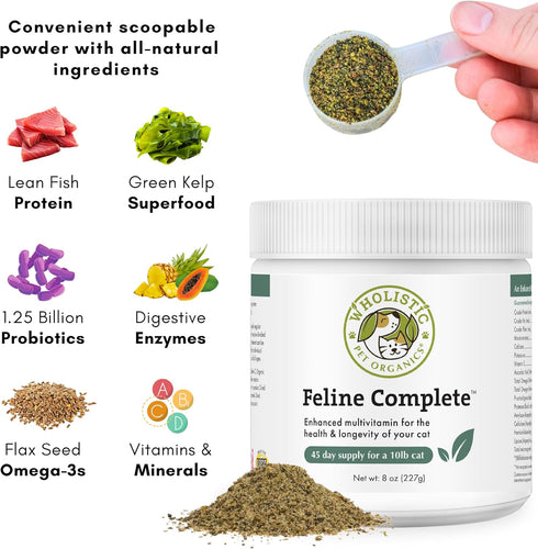 Wholistic Pet Organics Feline Complete, 8 Oz, Multivitamin & Probiotic Powder for Cats, Natural Cat Food & Digestive