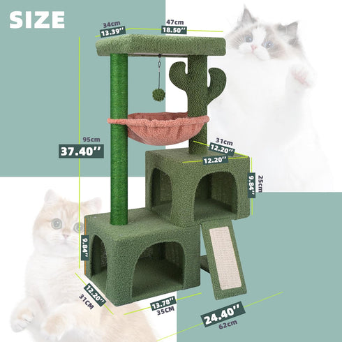 37.4" Cozy Hammock AIWIKIDE Cactus Cat Tree Tower with Twin Cat Condos for Indoor Cats, All-in-One Activity Center