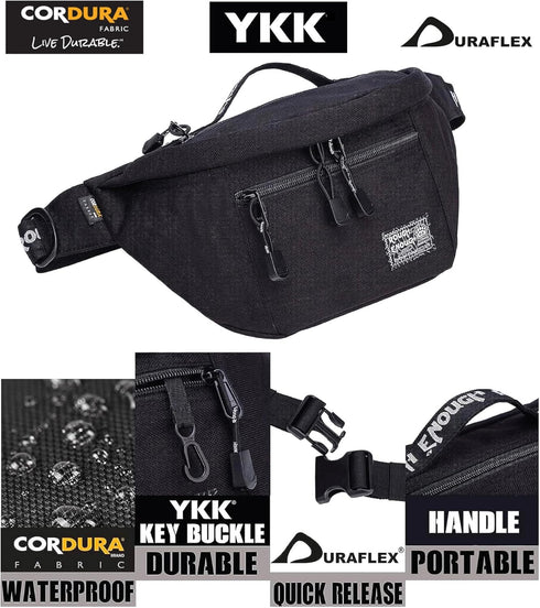Rough Enough Black Cordura Mens Fanny Pack, Tactical Crossbody Waist Pack for Hiking and Fishing