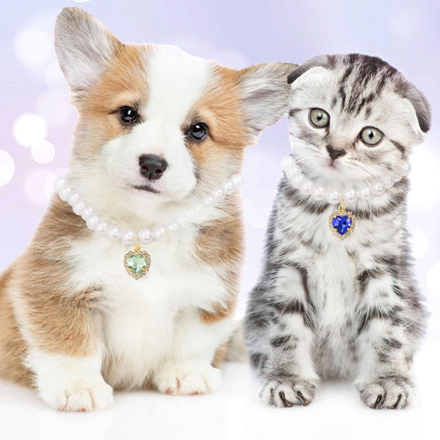Cat Dog Pearl Necklace Collar 2pcs, Cute Fancy Jewelry Accessories with Heart Shape Rhinestone for Small Pets