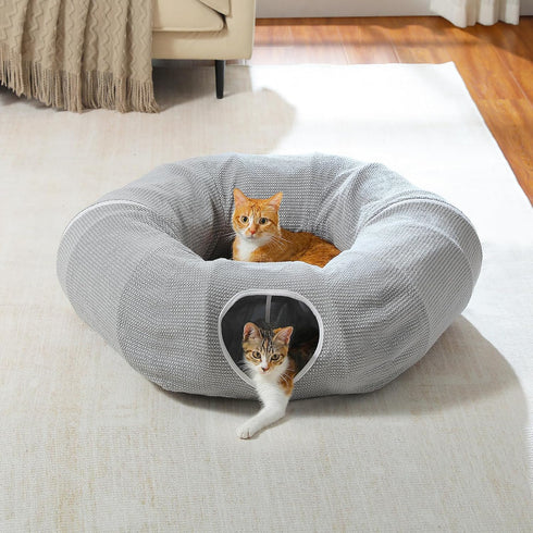 PEQULTI Cat Donut Tunnel with Bed for Indoor Cats, Cat Play Tunnel with Washable Soft Plush Mat, Round Tube Toys Cute