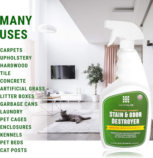 Stain & Odor Destroyer Enzymatic Pee Eliminator for Dog & Cat Urine, Feces, Vomit, Organic Spills, 32 Oz Concentrated