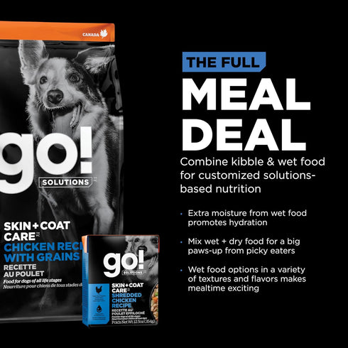 GO! SOLUTIONS Skin + Coat Care Wet Dog Food - Shredded Chicken Recipe with Grains, 12.5 oz