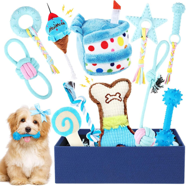 11 Pcs Dog Birthday Toy Set - Puppy Birthday Cake, Squeaky Toys, Plush Toy, Rope Toys, Gift Box (Blue)