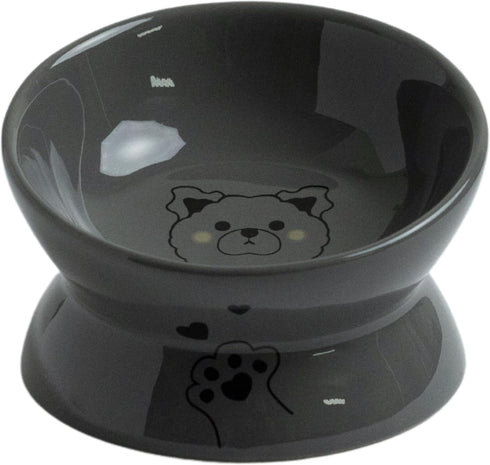 Ceramic Elevated and Tilted Cat Food Bowl, Dishwasher Safe, White (Gray)