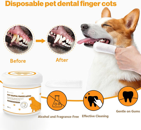 Pet Dental Cleaning Wipes for Dogs & Cats, Disposable Finger Toothbrush for Plaque & Tartar Removal, Oral Care, 50 Count