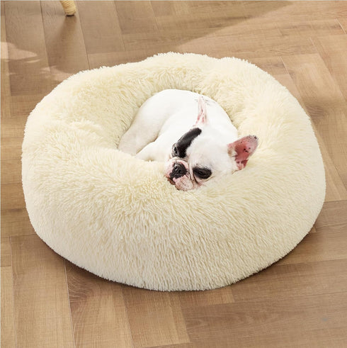 Bedsure Calming Dog Bed for Small Dogs - Donut Washable Bed, Round Anti-Slip Fluffy Plush Faux Fur Cat Bed, Oat Milk