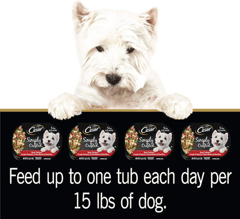 CESAR SIMPLY CRAFTED Adult Soft Wet Dog Food Meal Topper, Beef, Chicken, Purple Potatoes, 10 Tubs, 1.3 oz