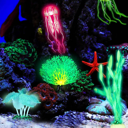 Frienda 8 Pieces Glowing Fish Tank Decorations - Plants with Glowing Kelp, Sea Anemone, Coral, Jellyfish & More