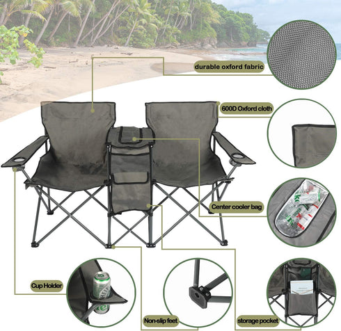 ROHUMTY YILI Double Folding Camping Chairs, Portable Camping Chairs w/Removable Umbrella Mini Table Cooler Bag, Outdoor