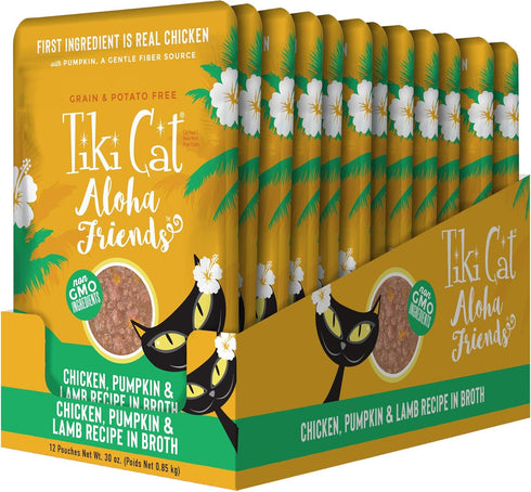 Tiki Cat Aloha Friends, Chicken, Pumpkin & Lamb, Grain-Free Wet Cat Food for All Life Stages, 2.5 oz. Pouch (Pack of 12)