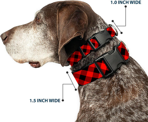 Buckle-Down Plastic Clip Collar - Diagonal Buffalo Plaid Black/Red, 1" Wide, Fits 9-15" Neck, Small