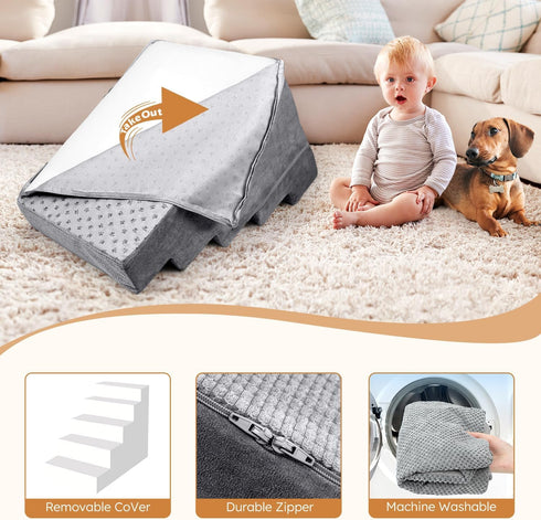 Heeyoo Dog Stairs for Small Dogs, 5-Step High-Density Foam Steps with Non-Slip Removable Washable Cover, Grey, 23" High