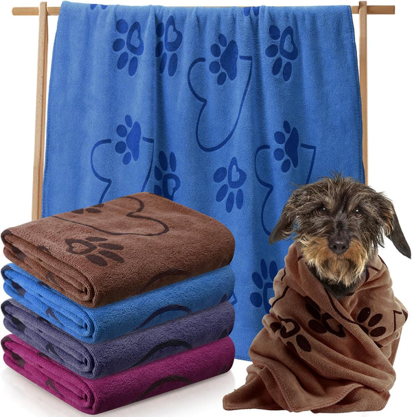 4 Pcs Microfiber Dog Bath Towels, Absorbent Pet Towels for Medium Dogs, Cats, Shower (Gray, Brown, Blue, Wind Red, 24 x